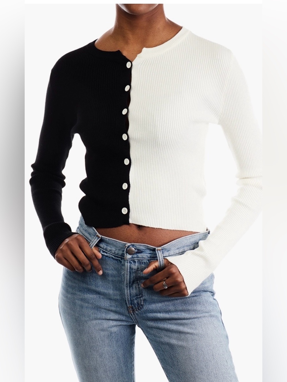 J.ING Black & White Colorblock Ribbed Knit Cropped Cardigan Top NWT S/M